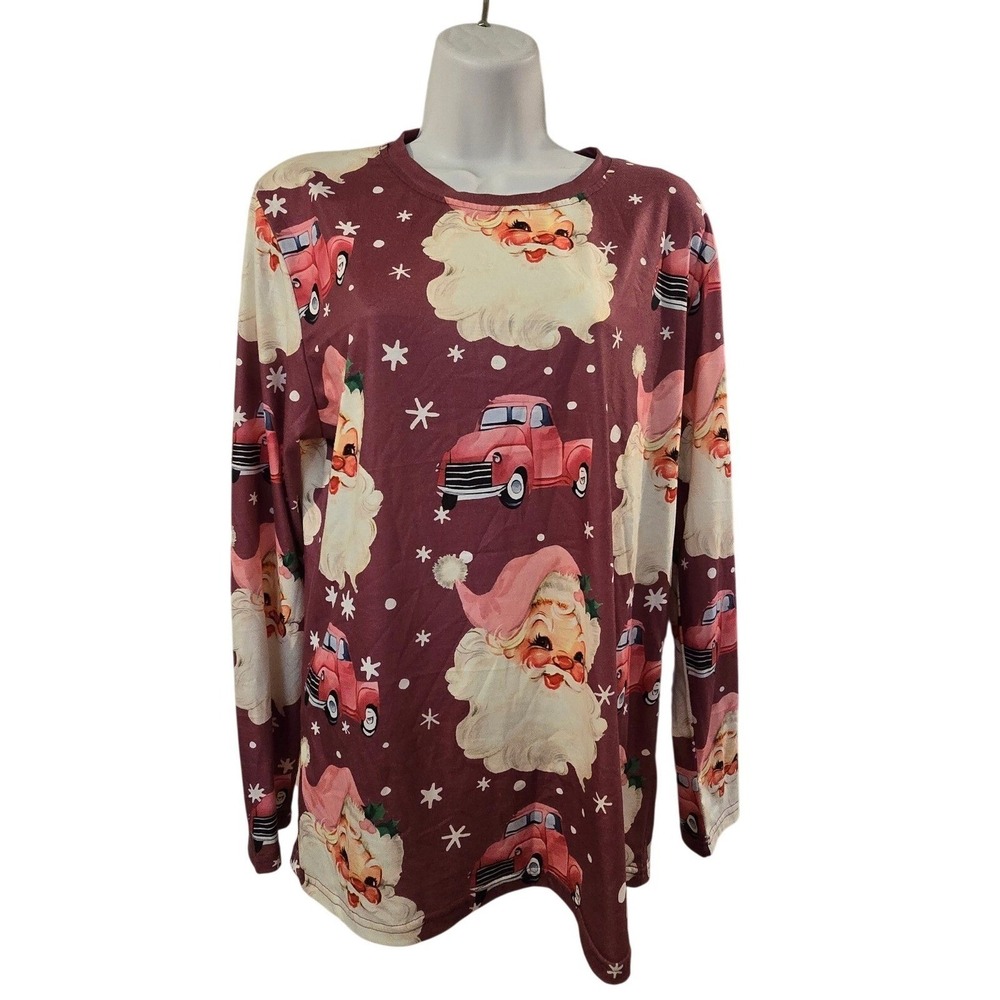 Womens Long Sleeve Santa Truck Print T Shirt Cozy Holiday Top Size M /0113